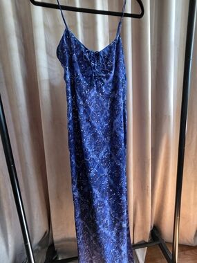 Blue Floral Satin Slip Dress with Spaghetti Straps